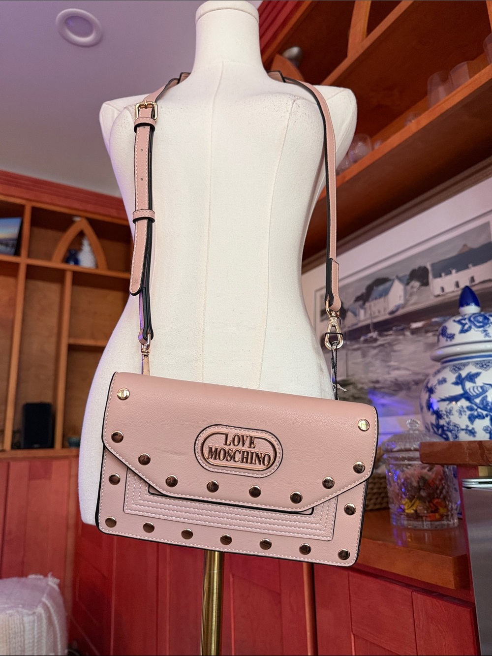 Love Moschino Blush Pink Studded Crossbody with Gold Hardware NWOT